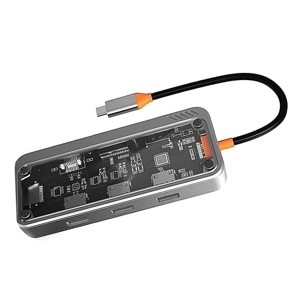 10-in-1 USB-C-hubiadapteri, USB-C-kannettavan telakointiasema kahdelle näytölle, USB 3.0 ja 2.0 portit, 100 W PD