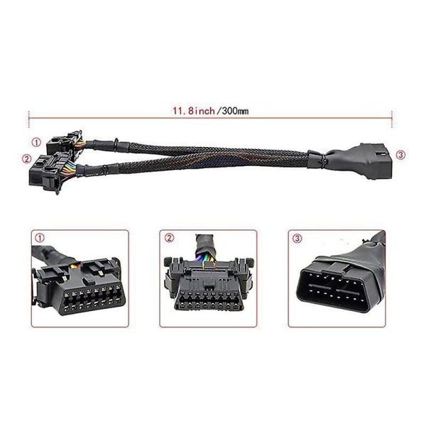 2 i 1 OBD2 Forlængerkabel Obdii Han til 2 Hun Splitter Bilcomputerforbindelse Konverteringsstik