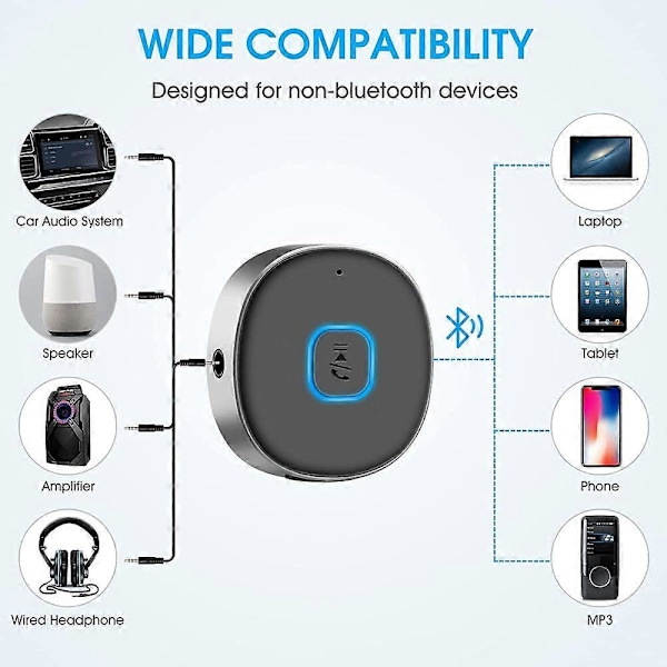 Kannettava 3,5 mm Aux Bluetooth-auton sovitin, Bluetooth 5.0 langaton äänen vastaanotin auton stereoon/kotistereoon/johdolliseen