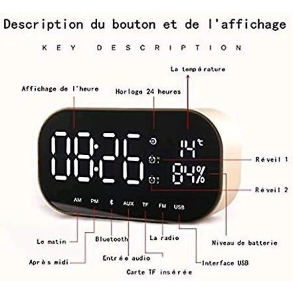 Digital spegelväckarklocka med Bluetooth högtalare, lysande väckarklocka med led-display och väckarklocka för hemmakontor