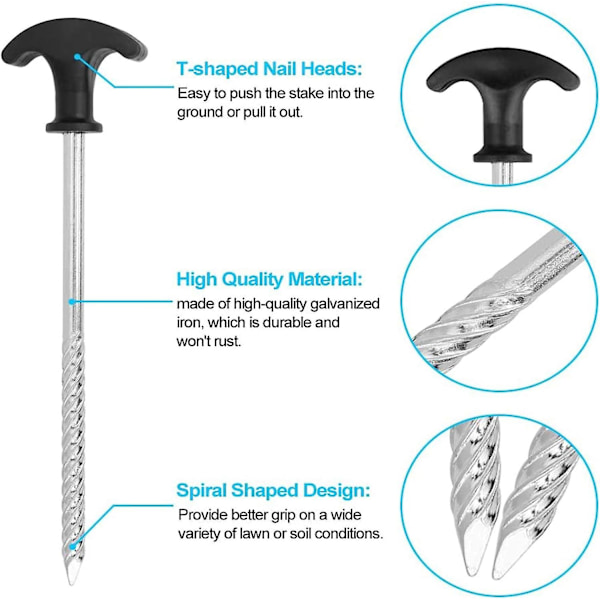 6 stk. Rustfrie Campingpinner, Camping Skruepinner, Telthårde Jords og Markisepinner, for Bivuakktelt, for Hage, Camping, Reise, Utendørs