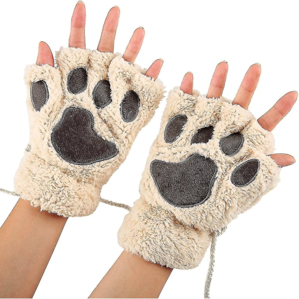 Kvinnor Bear Plysch Cat Paw Claw Glove Mjuka vinterhandskar Fingerlösa handskar (beige)-YUHAO