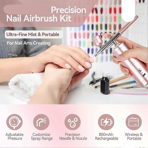 Superstabil Airbrush-set: 25 PSI Precision Airbrush för Naglar Uppladdningsbar Dubbel-läge 0,3 mm Munstycke Naglar AirBrush Maskin