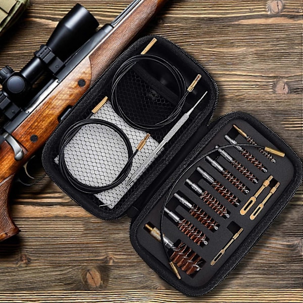 19 osainen aseiden puhdistussarja, kiväärin puhdistussarja .17 .22/ .223/5.56MM .243 .280 .30 .357/9MM .40 .45 12GA, aseiden puhdistuspalvelusarja harjoilla ja vetoketjullisessa kotelossa