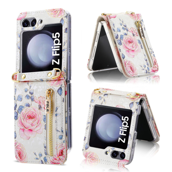 Crossbody Z Flip 5 Case, Rose Flower Pattern Case För Samsung Galaxy Z Flip 5 Med Strap Korthållare