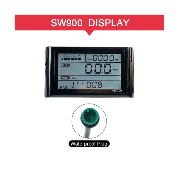 Ebike SW900 LCD-skjermkontroll Elektrisk sykkel hastighetsmåler Vanntett plugg Record Instrumentkontroll/innstilling 24-72V