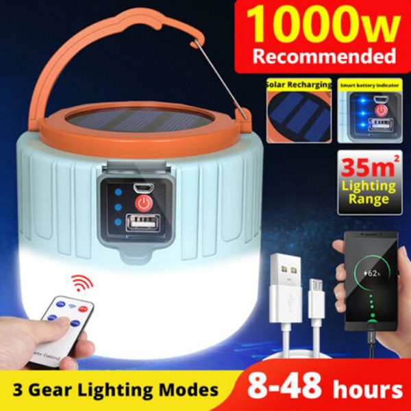 1000w LED utomhus solcellslampa campinglampa USB uppladdningsbar lykta tältlampa