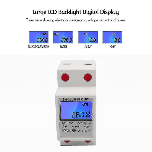 Enkeltfaset din-skinne energimåler 5-80a 220v 50hz - Elektronisk Kwh-måler med LCD-baggrundsbelysning digitalt display Ddm15sd400