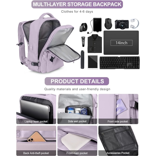Kabinväska Ryggsäck, Stor Reseryggsäck för Kvinnor Män Flygplansgodkänd Fitness Ryggsäck Vattentät Business Laptop Ryggsäck, Lila