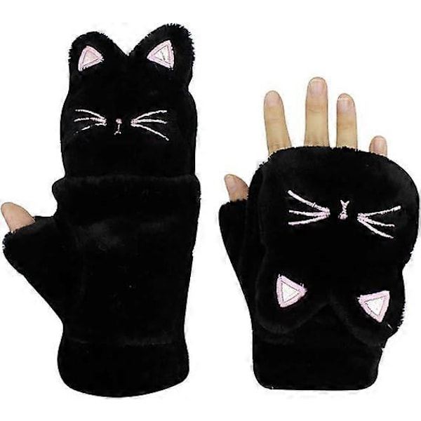 1 par Dam Flickor Handskar Varma Mjuka Söta Katt Plysch Konvertibla Flip Top Vinter Fingerlösa Tjocka Vantar för Tonåringar