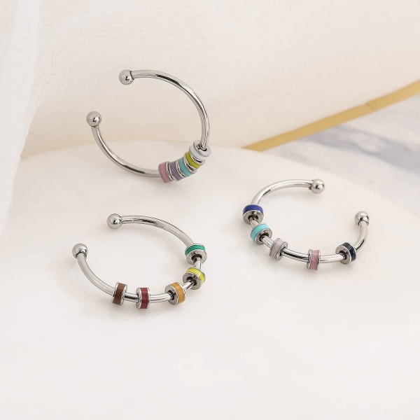 3 st Spinnande Emalj Fidget Ring, ångestlindring i rostfritt stål, ångestring med flerfärgad rullboll