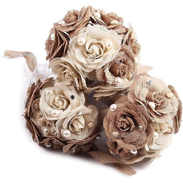 Rustikk Bryllupsbukett Burlap Blomstbukett Blonder og Perler Bryllupsdag Forlovelsesdekorasjon