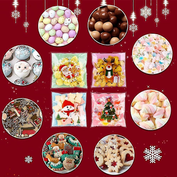 200 stk. Julegodteposer, Selvforseglende Klare Julecellofanposer, Julegodte Snack Party Gave Ziplock Kakeposer Jul P