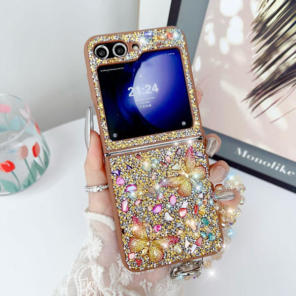 For Samsung Galaxy Z Flip 6 deksel med armbånd, luksuriøst bling glitter strass sommerfugl beskyttende deksel for kvinner jenter