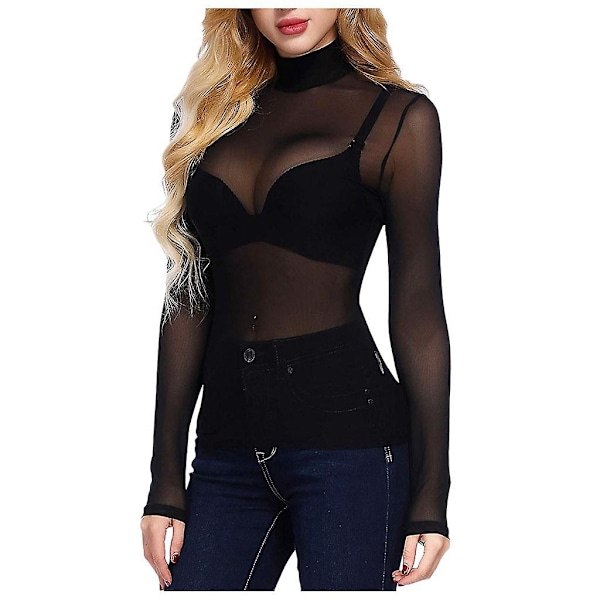 Sexig dam T-shirt genomskinlig transparent mesh toppar långärmad ren slim dam turtleneck t-shirt