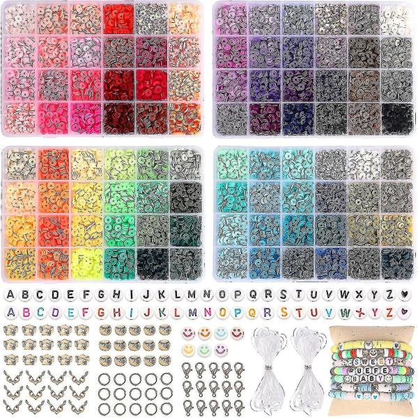 9600 leireperler for smykkefremstillingssett, 96 farger fordelt svarte steinperler flate runde polymerleireperler med bokstavperler smileperler og elastikk
