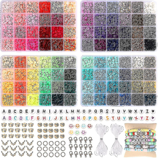 9600 Leireperler til smykkeproduksjon, 96 farger Spaced Black Stone Perler Flat Rund Polymer Leireperler Med Bokstavperler Smiley Perler Og Elastisk St