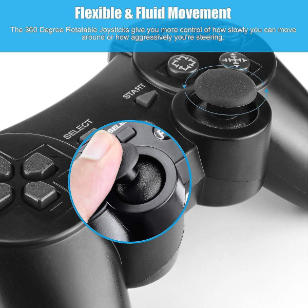 PS3 Controller, Trådløs Controller til Playstation3 Bluetooth Gamepad til PS3 med Dobbelt Vibration Seks-akset Fjernbetjening (Sort)