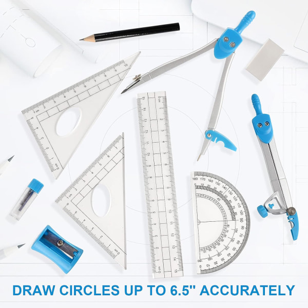 Geometrisett, 10 deler matematikkverktøysett med passer, vinkelmåler, blyant, viskelær, spisser, trekant, trekant, 15 cm linjal, blyantfyllinger, oppbevaringsboks