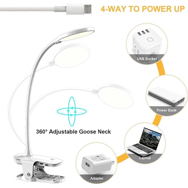 Genopladelig Trådløs LED Bordlampe, 3 Farver og 3 Dæmpbare, USB Touch Sengelampe med Klemme til Børn, 20 LED'er Fleksibel 360 Bærbar Clip-on Læselampe