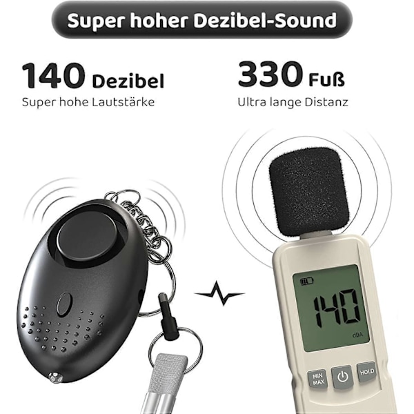 Henkilökohtainen hälytin, avaimenperävarashälytin - 140 dB:n hätäturvataskuvalvontahälytin LED-valolla - Ennaltaehkäisevä summeri naisille ja lapsille (musta)