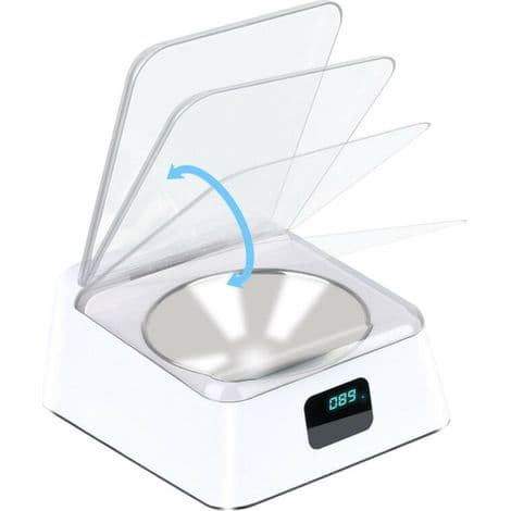 330 ml infrarød sensor kæledyrsskål. Rustfrit stål. Automatisk åbne-/lukkelåg. Med USB-opladerkabel. 3-5 minutters hvileperiode. Velegnet til katte og hunde