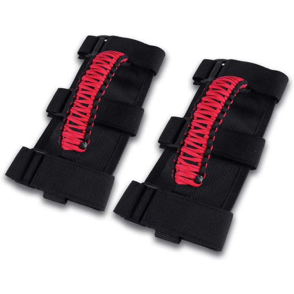 2 x bilrullehåndtak passer til Jeep Wrangler YJ TJ JK JL og Gladiator JT 1987-2020 med 3 stropper og flettede håndtak (svart og rød)