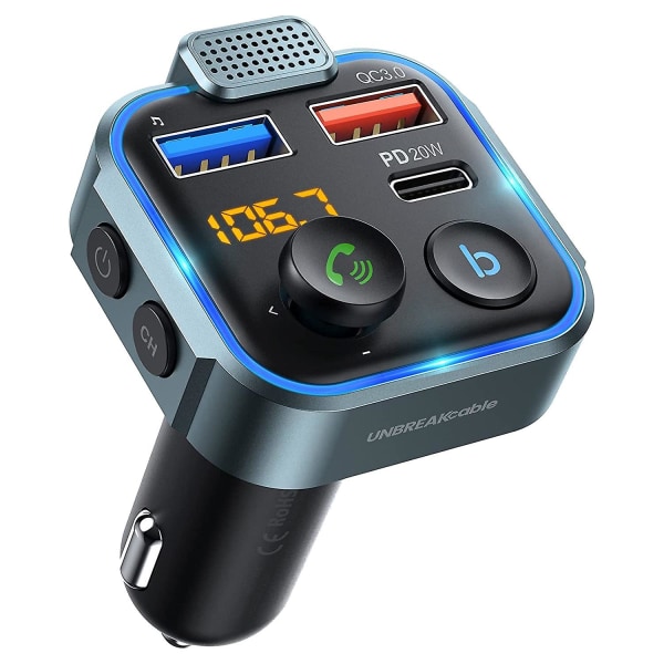 Bil Bluetooth 5.0 Fm-sändare, bil mp3-spelare Radio musikadapter laddare, stöder handsfree