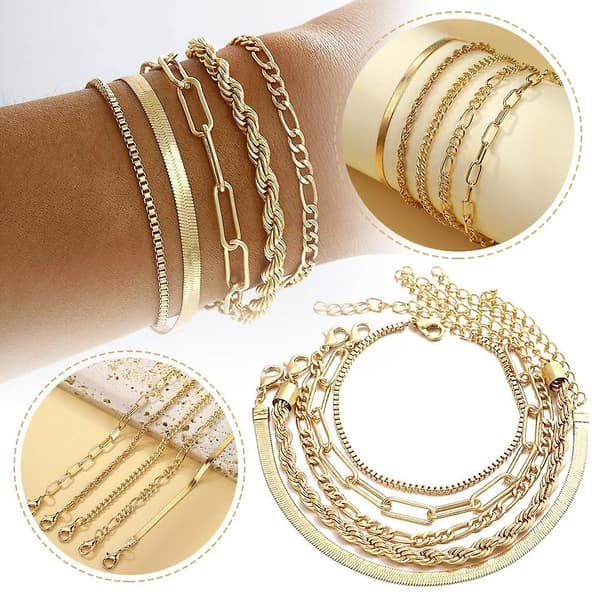 5 stk/sæt Mode Tykke Kædeled Armbåndssæt til Kvinder Guldfarve A