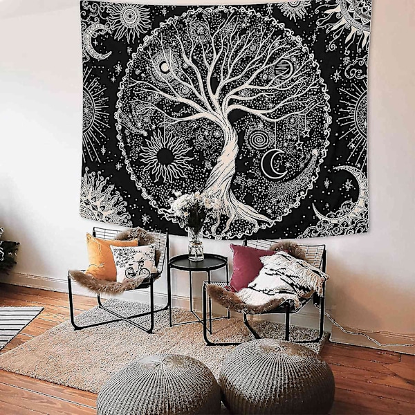 Väggbonad med träd, måne och sol - Svart väggbonad - Psykedelisk mandala - Stjärnhimmel - Hipp