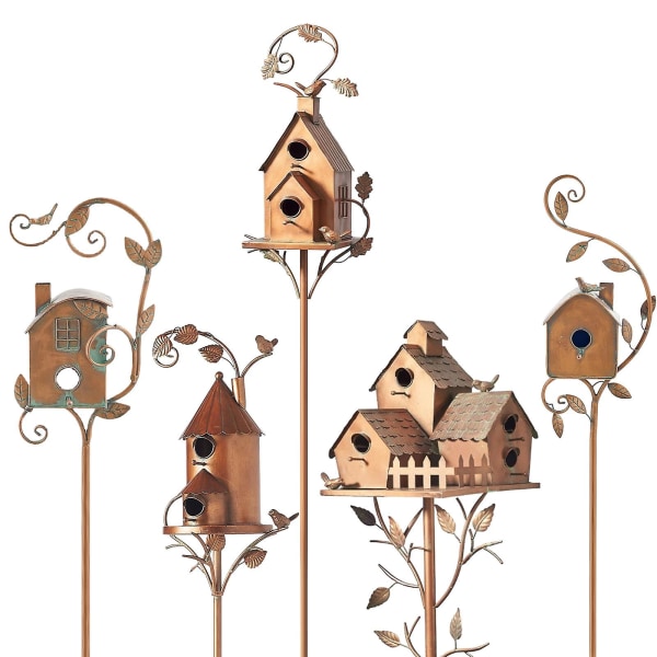 Metall Birdhouse Art Stake Utendørs Rustikk Bird House Stand Hage Yard Dekorasjon