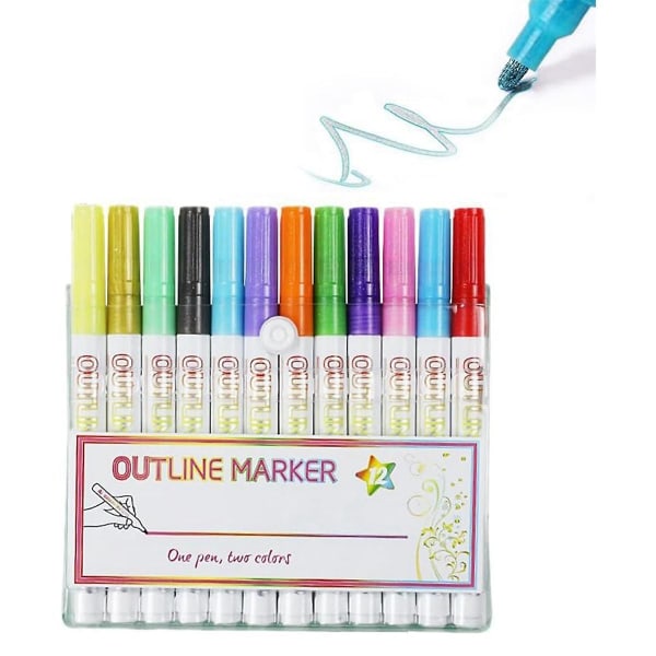 12 färger Glitter Gel Pens Sets, Outline Marker Double Line Pen Sparkle Markers Färgglada konstpennor f