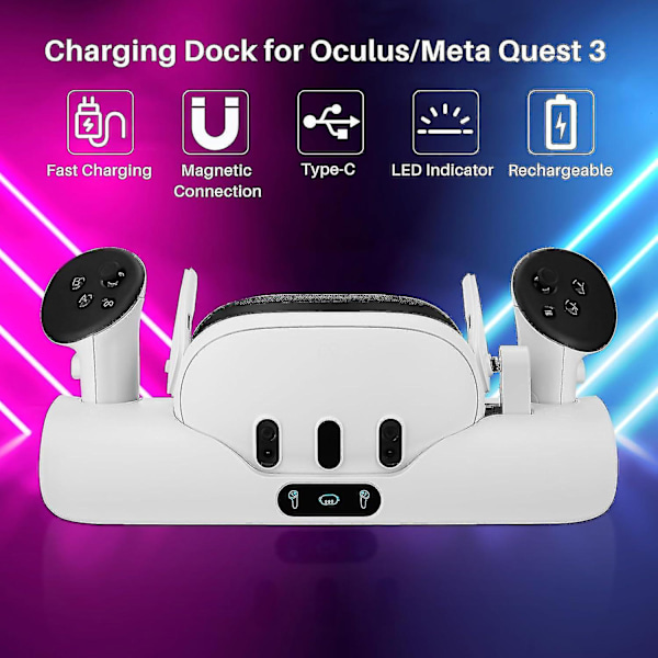 Auniq laddningsdocka för Oculus/meta Quest 3, VR-headset laddningsstativ för Quest 3 headset & handkontroll laddningsstation med 2 uppladdningsbara batterier,