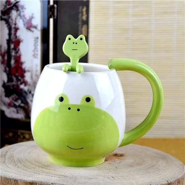 Rolig grodkaffemugg med sked, en nyhetspresentmugg, keramikmugg