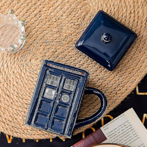 Doctor Who Tardis -muki, kahvi- ja teemuki, poliisiaseman muotoinen keraaminen muki kannella, syntymäpäivälahja