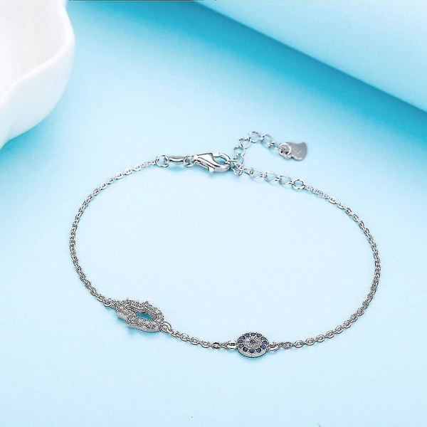 Blue Evil Eye Hand Of Fatima Armband Sterling Silver 925 Cubic Zirconia Chain