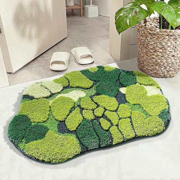 1 ST Grön Moss Badrumsmatta Söt Löv Badmatta för Badrum Halkfri Mjuk Mikrofiber Vattenabsorberande Estetisk Grön Badrumsinredning Boho Plysch Ru