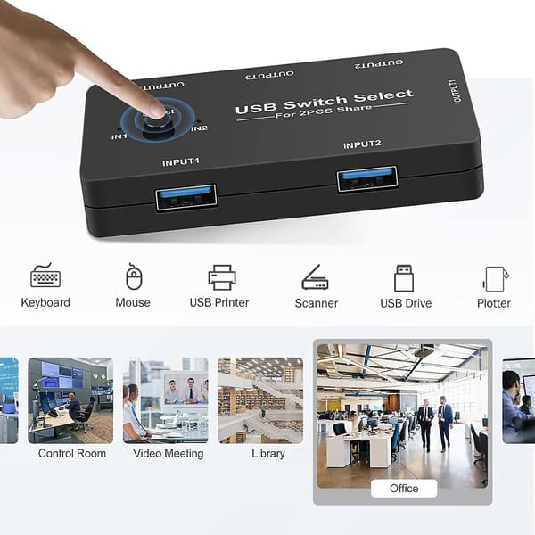 USB-switch för 2 datorer, delar 4 USB-enheter, USB KVM-växlare med en knapp för byte, 4