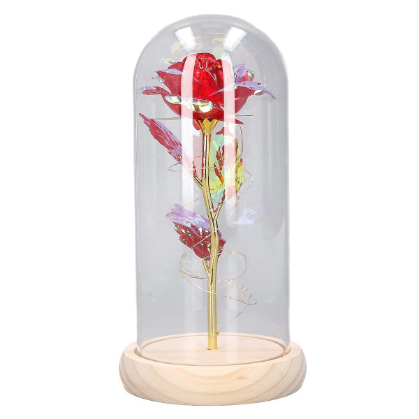 Light Up Rose Glass Led Färgglad Guld Log Artificiell Rose Glas Cover För Bröllopsdag Röd