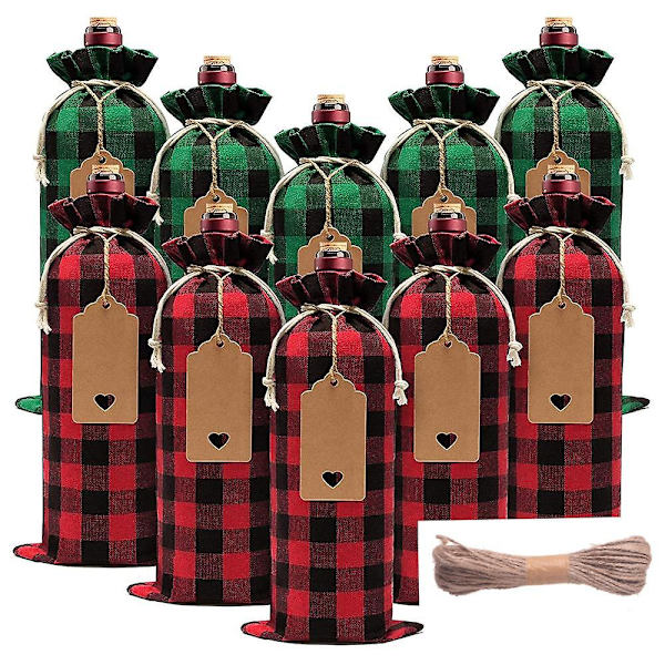 10-pack Jutesäckar för vin med dragsko och etiketter, återanvändbara vinflaskskydd för jul, bröllop, födelsedag, inflyttning, fars dag.
