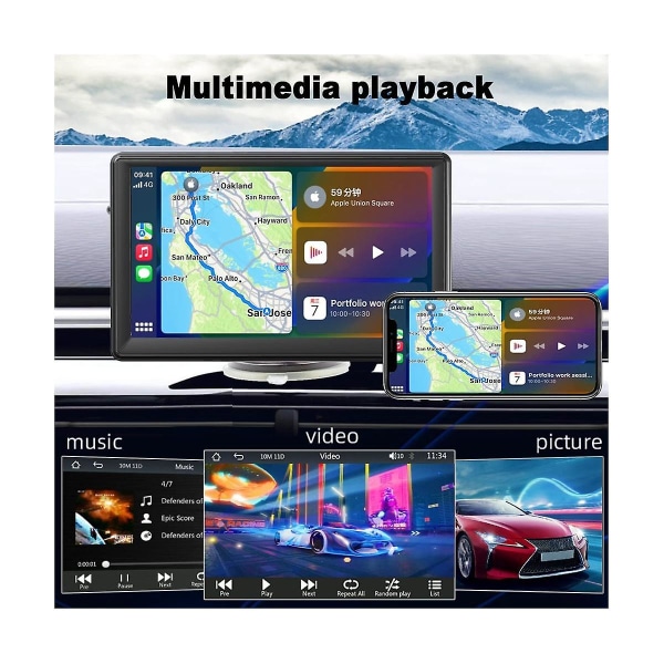 Bærbar trådløs Carplay-skjerm Dash-feste, 7-tommers berøringsskjerm bilstereo Bluetooth, FM bilradio, bakkamera, USB
