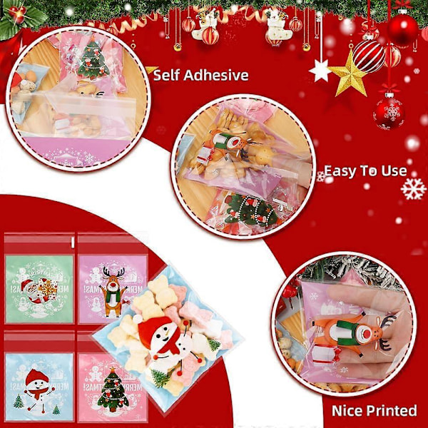 200 stk. Julegodteposer, Selvforseglende Klare Julecellofanposer, Julegodte Snack Party Gave Ziplock Kakeposer Jul P