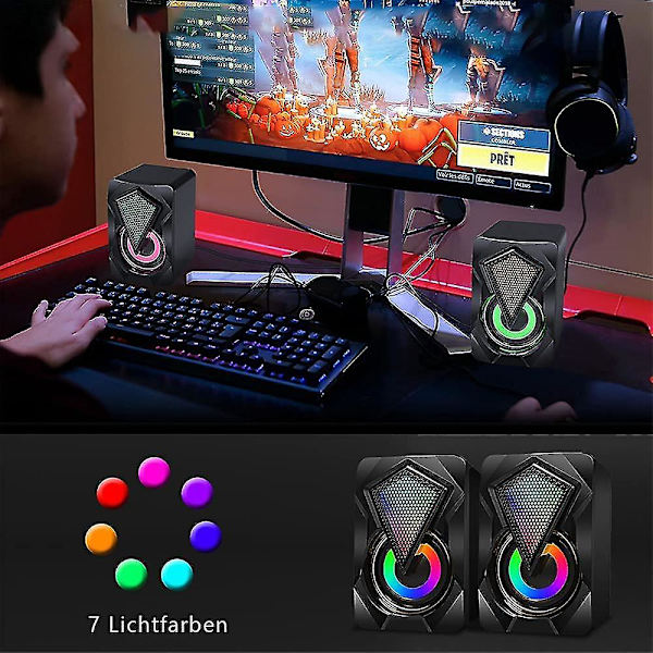 Datorhögtalare, USB-högtalare 10 W 2.0 Stereo-högtalarsystem med färgglada LED-lampor för PC-dator, skrivbord, bärbar dator, smartphone