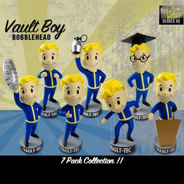 Vault Boy Q version 1 generation 7 bobblehead dockor, boxad docka F