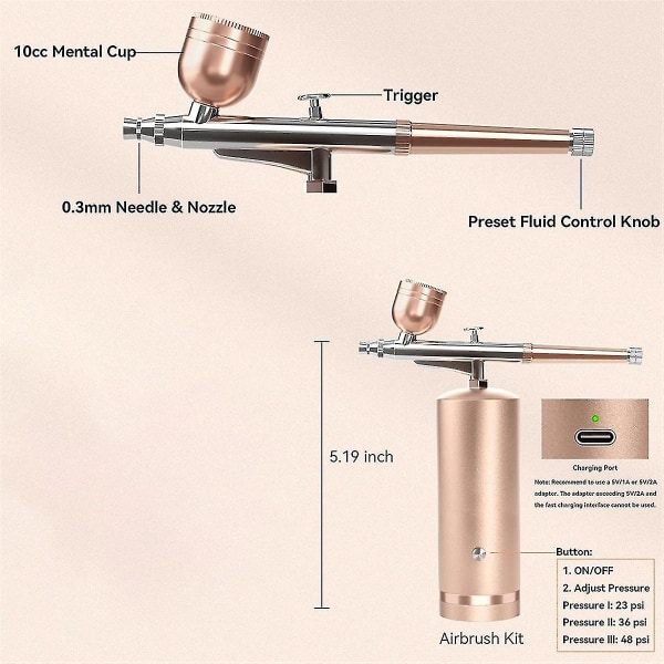 Airbrush-sett med kompressor - Oppladbart trådløst, ikke-tette, høytrykks med 0,3 mm dyse