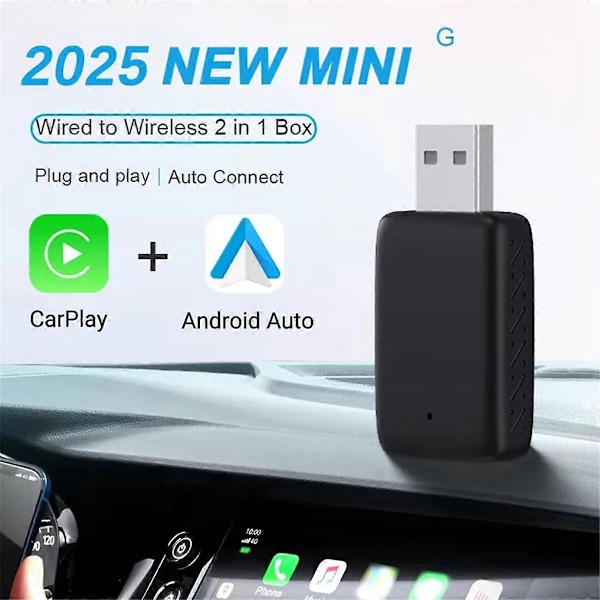 2-in-1 Langaton CarPlay-sovitin ja Android Auto -langaton sovitin Plug and Play -johdollinen langattomaan sovittimeen autoihin
