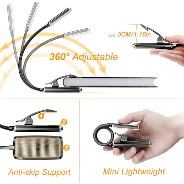 9 LED Boklys, Gritin 3 Øyevennlige Lesemodus Boklampe (Varmt & Kaldt Hvit Lys) - Trinnløs Dimming, Oppladbar, Lang Batterilevetid, 4-