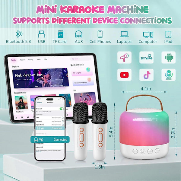 Mini Karaoke Maskin med 2 Trådløse Mikrofoner, Bærbar Underholdningsenhet for Barn
