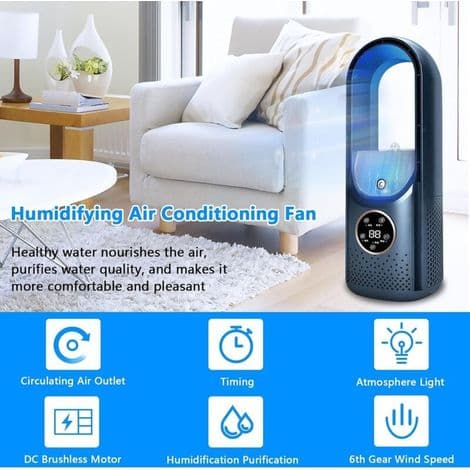 6-trins bladløs ventilator. Blæserløs skrivebordskøler. Bærbar lydløs ventilator. Luftfugter. Aircondition. Køleventilator (farve: blå) - Crezuo