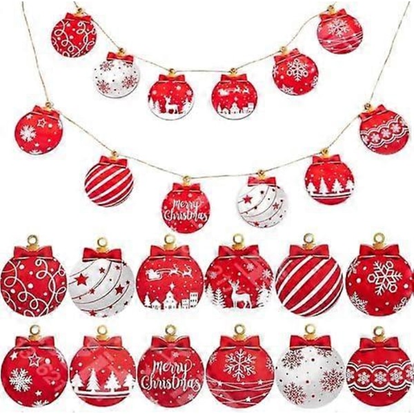 24 st Röda och Vita Julkulsdesign Hängande Träprydnader Set - Festliga Julgransdekorationer med God Jul, Snöflingor, Renar